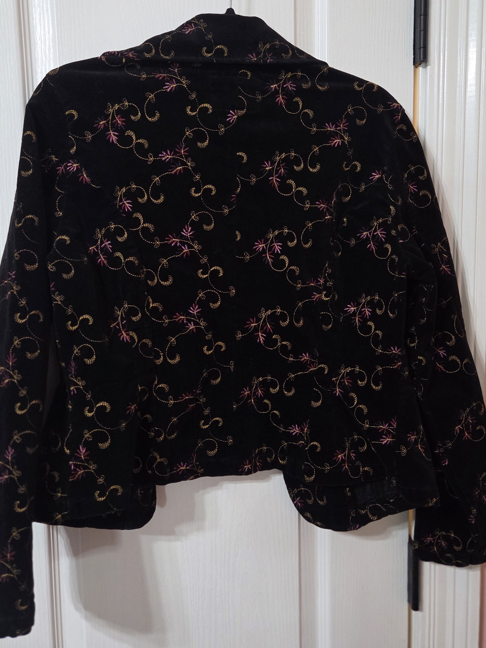 Live a Little Women’s L Black Velvet Embroidered Blazer with Gold & Pink Detail - Picture 8 of 10